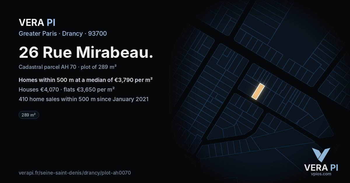 26 Rue Mirabeau, Drancy at night – the plot lit, the parcels around coloured by the prices near them