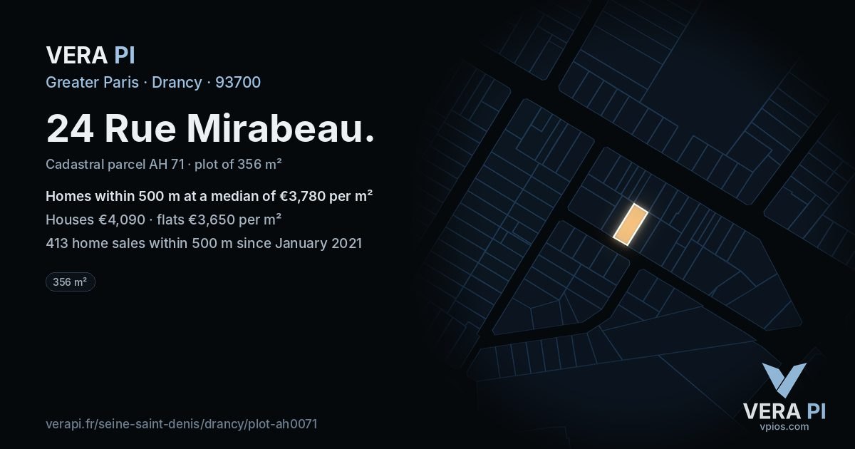24 Rue Mirabeau, Drancy at night – the plot lit, the parcels around coloured by the prices near them
