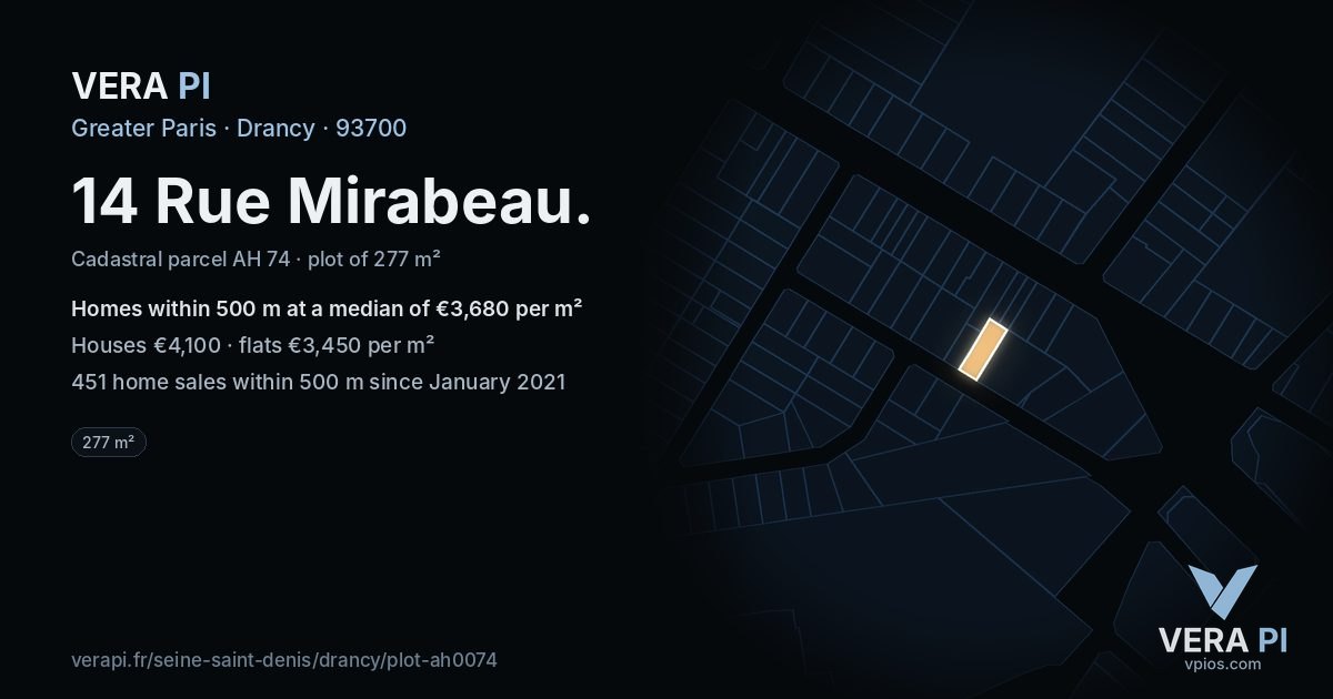 14 Rue Mirabeau, Drancy at night – the plot lit, the parcels around coloured by the prices near them