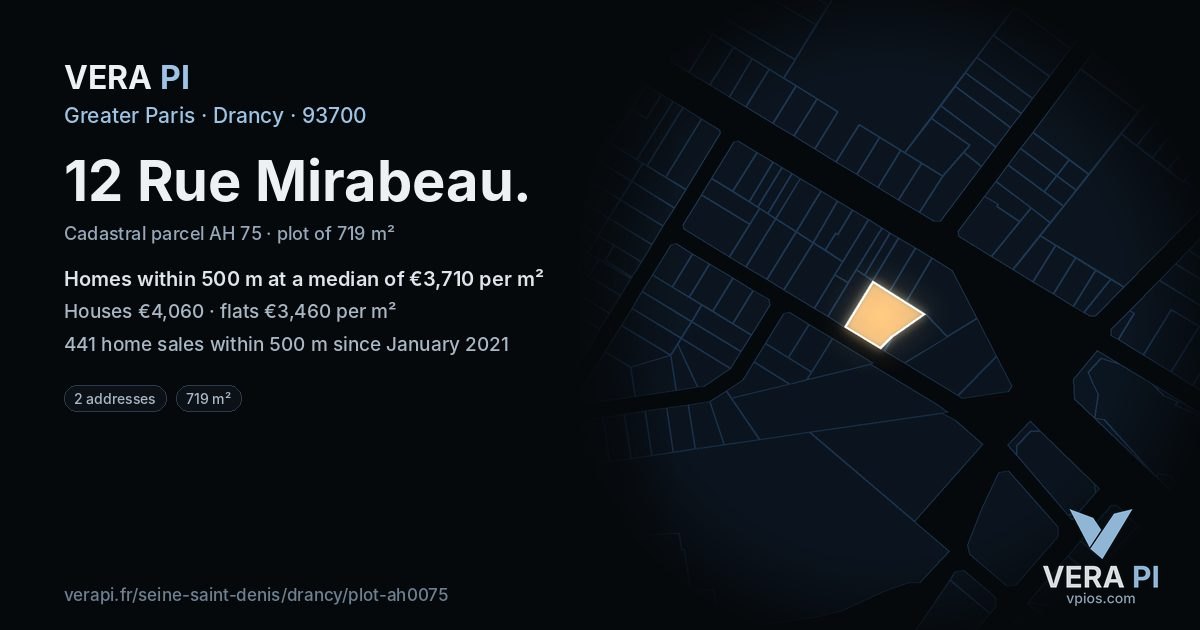 12 Rue Mirabeau, Drancy at night – the plot lit, the parcels around coloured by the prices near them
