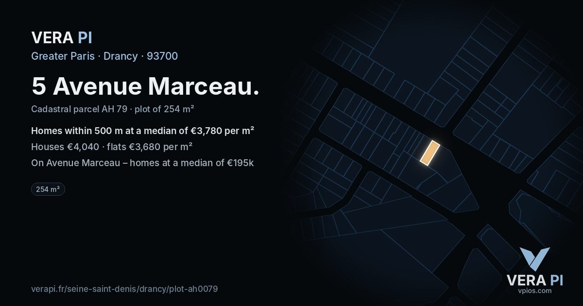5 Avenue Marceau, Drancy at night – the plot lit, the parcels around coloured by the prices near them