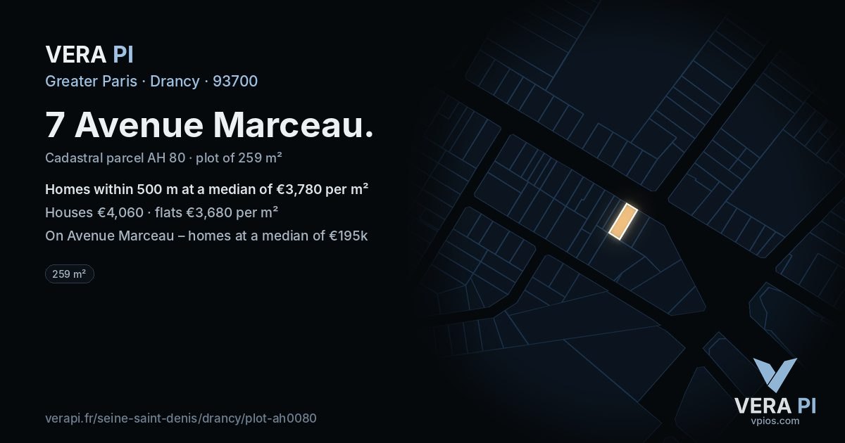 7 Avenue Marceau, Drancy at night – the plot lit, the parcels around coloured by the prices near them