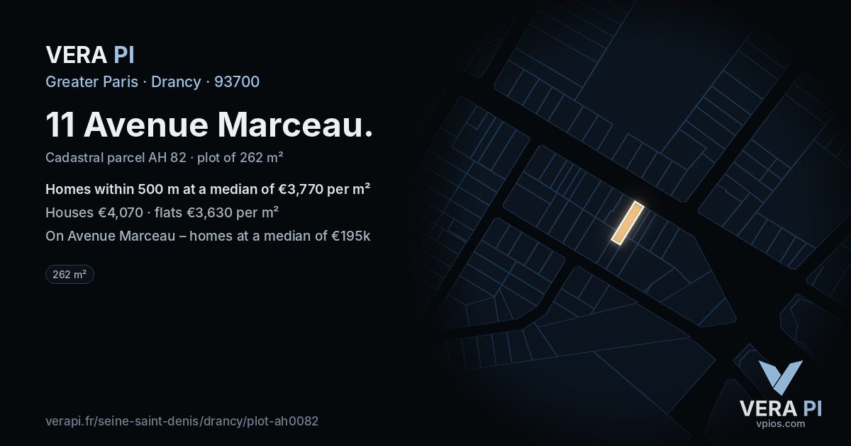 11 Avenue Marceau, Drancy at night – the plot lit, the parcels around coloured by the prices near them