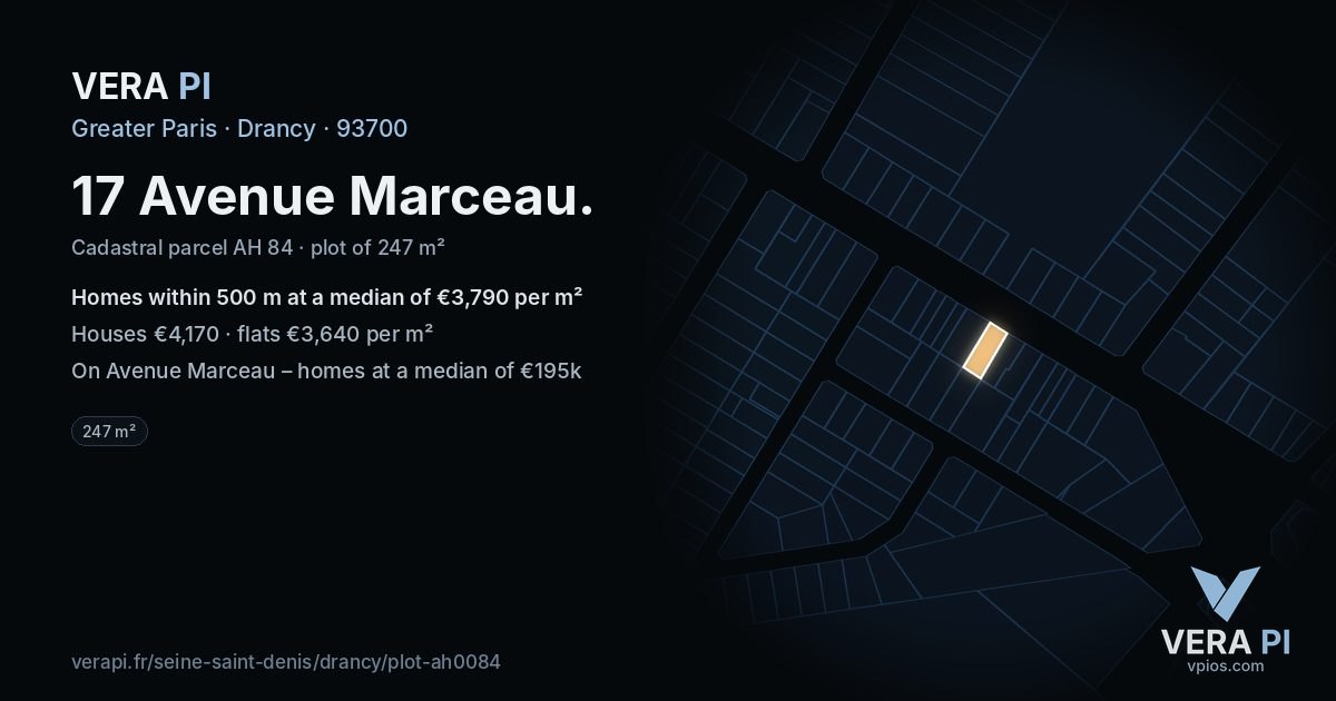 17 Avenue Marceau, Drancy at night – the plot lit, the parcels around coloured by the prices near them