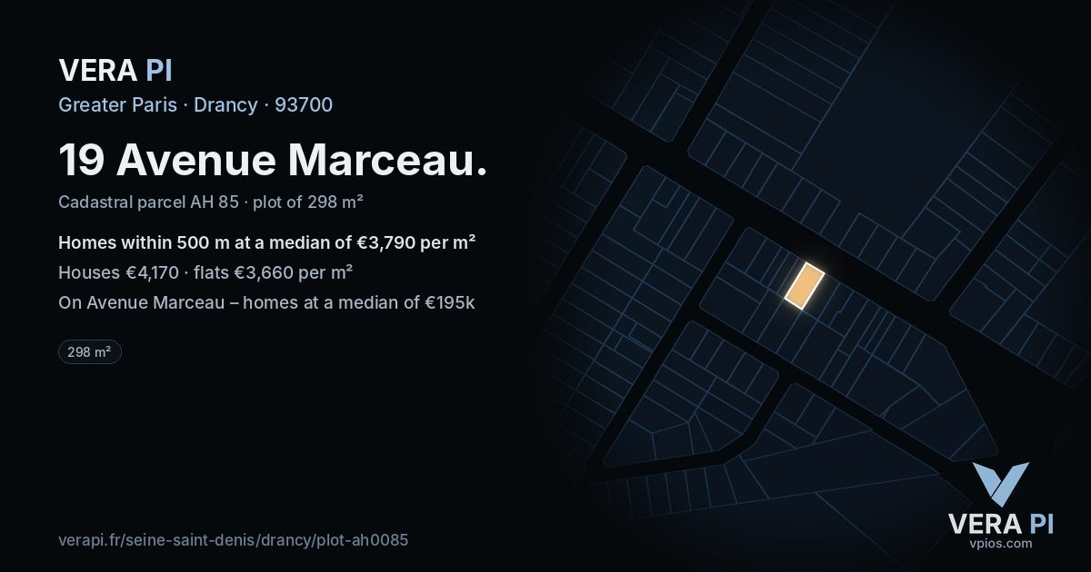 19 Avenue Marceau, Drancy at night – the plot lit, the parcels around coloured by the prices near them