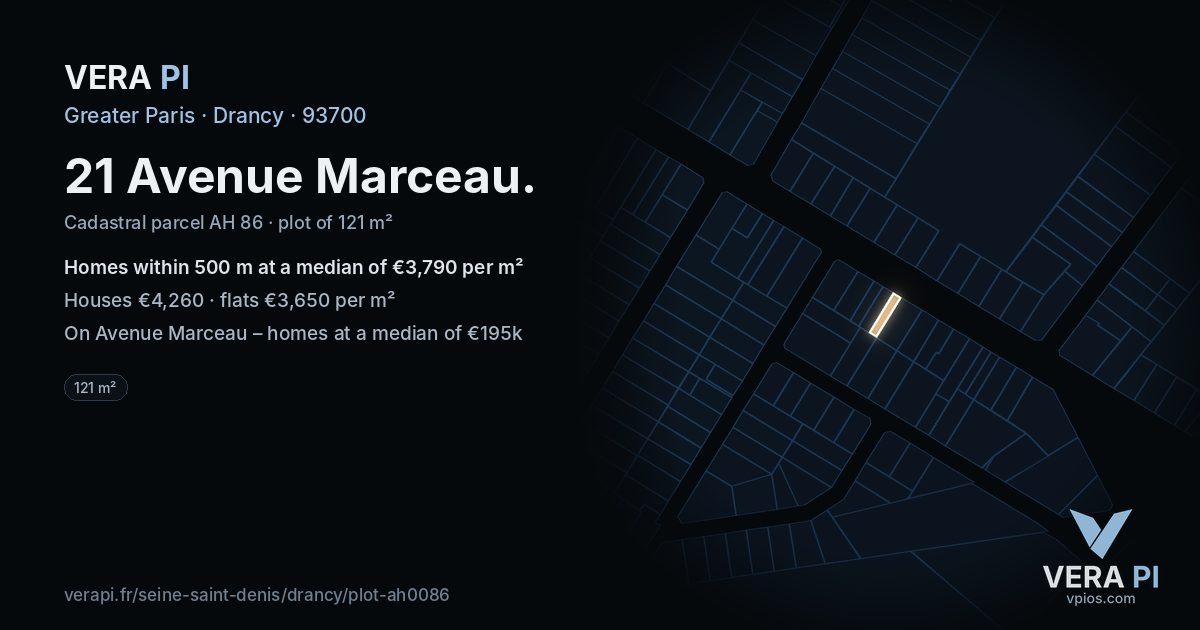 21 Avenue Marceau, Drancy at night – the plot lit, the parcels around coloured by the prices near them