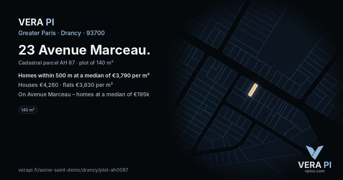 23 Avenue Marceau, Drancy at night – the plot lit, the parcels around coloured by the prices near them