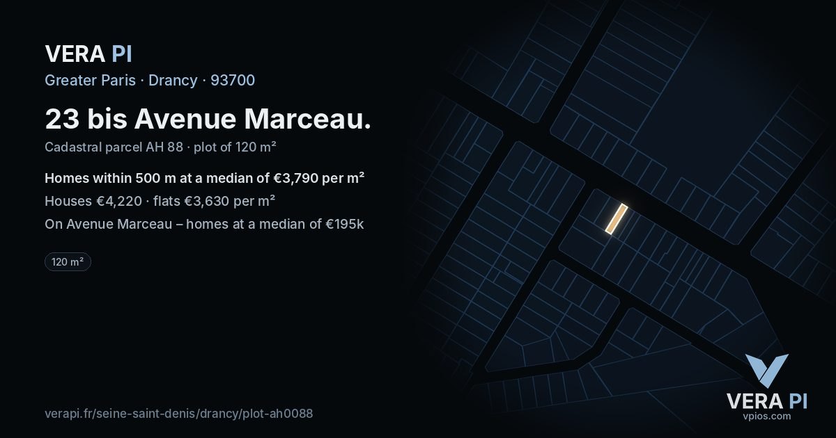 23 bis Avenue Marceau, Drancy at night – the plot lit, the parcels around coloured by the prices near them