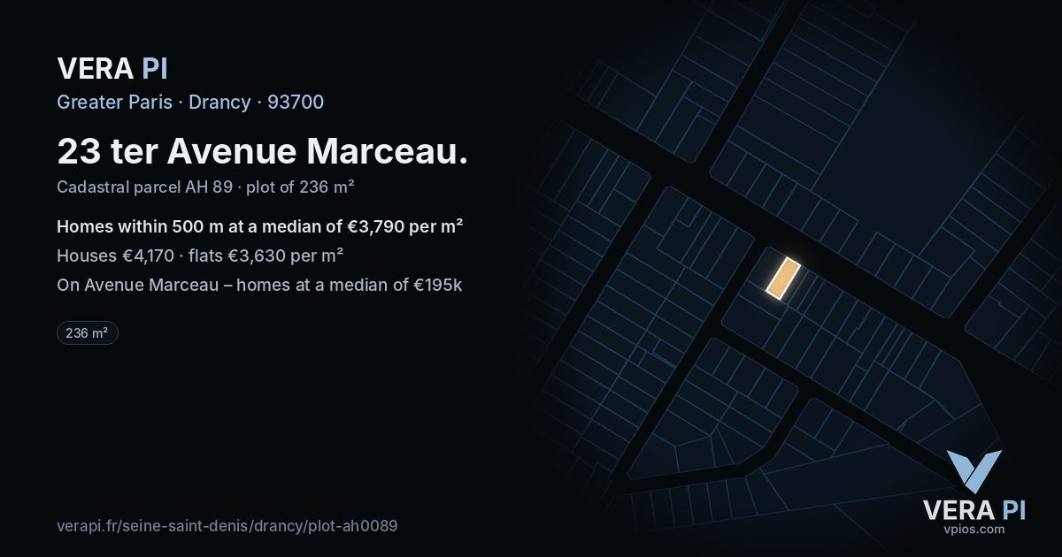 23 ter Avenue Marceau, Drancy at night – the plot lit, the parcels around coloured by the prices near them