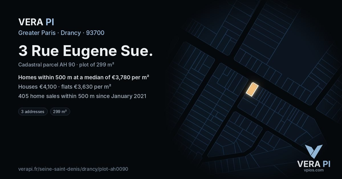 3 Rue Eugene Sue, Drancy at night – the plot lit, the parcels around coloured by the prices near them