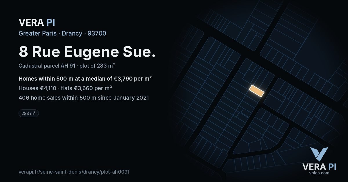 8 Rue Eugene Sue, Drancy at night – the plot lit, the parcels around coloured by the prices near them