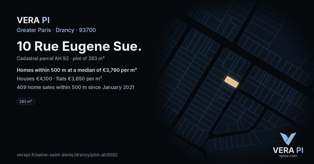10 Rue Eugene Sue, Drancy at night – the plot lit, the parcels around coloured by the prices near them