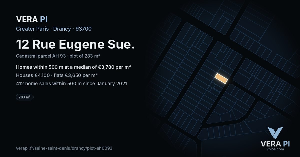 12 Rue Eugene Sue, Drancy at night – the plot lit, the parcels around coloured by the prices near them