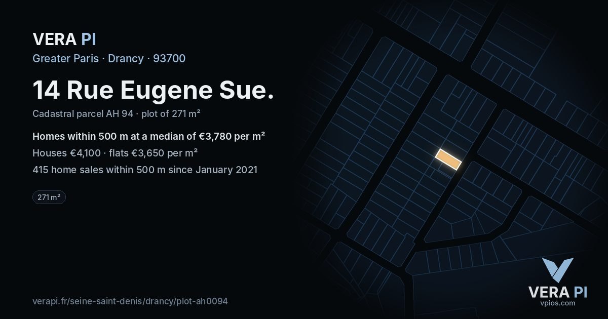 14 Rue Eugene Sue, Drancy at night – the plot lit, the parcels around coloured by the prices near them