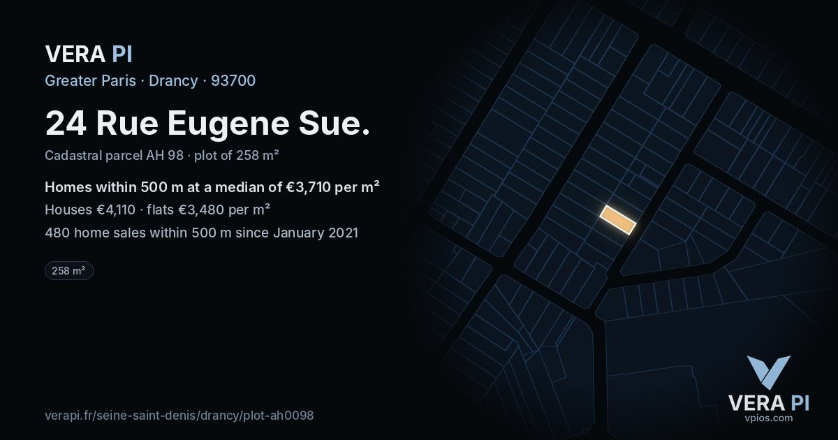 24 Rue Eugene Sue, Drancy at night – the plot lit, the parcels around coloured by the prices near them