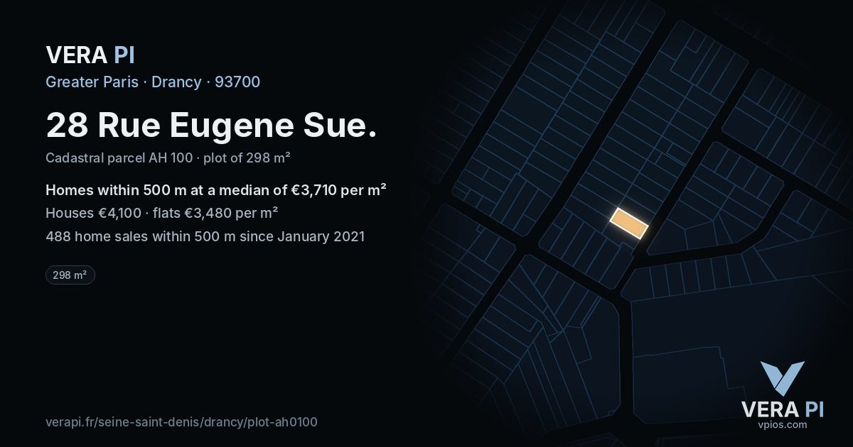 28 Rue Eugene Sue, Drancy at night – the plot lit, the parcels around coloured by the prices near them