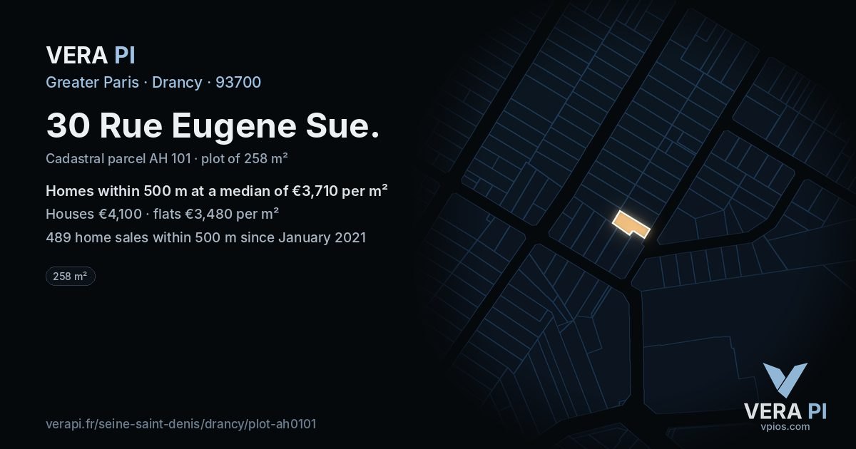 30 Rue Eugene Sue, Drancy at night – the plot lit, the parcels around coloured by the prices near them