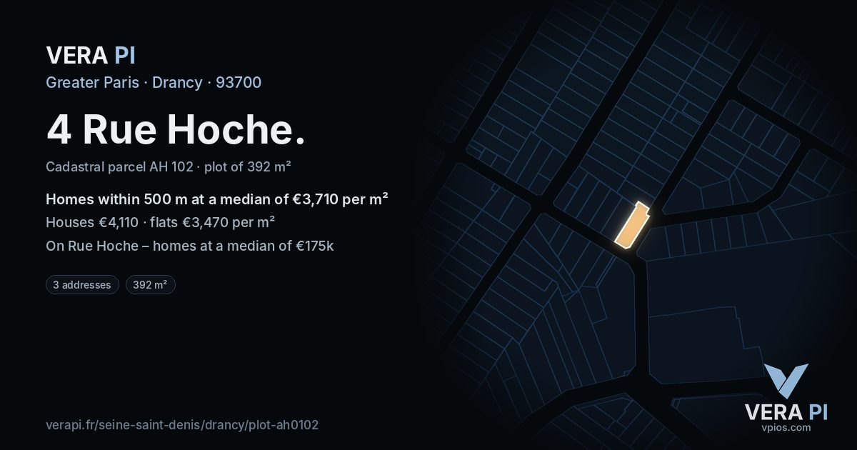 4 Rue Hoche, Drancy at night – the plot lit, the parcels around coloured by the prices near them