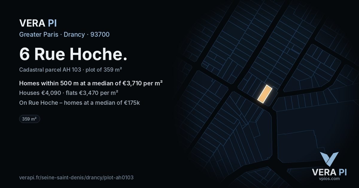6 Rue Hoche, Drancy at night – the plot lit, the parcels around coloured by the prices near them