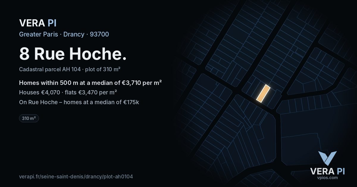 8 Rue Hoche, Drancy at night – the plot lit, the parcels around coloured by the prices near them