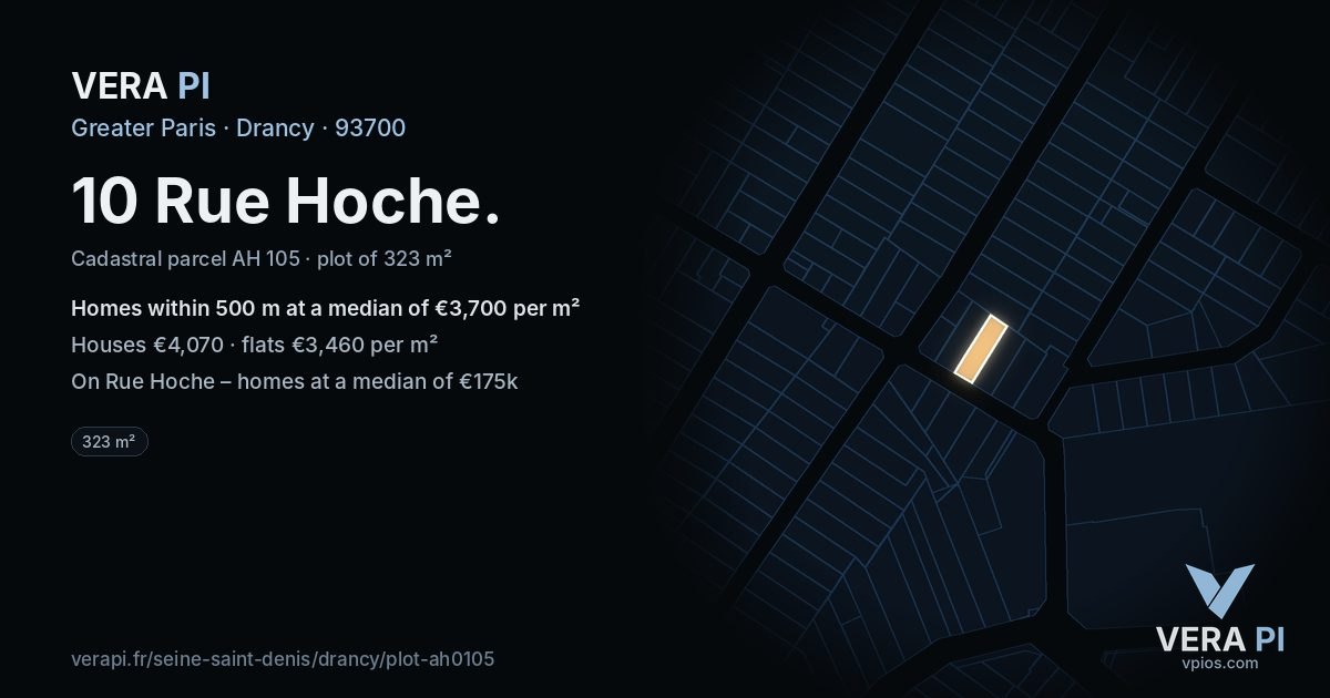 10 Rue Hoche, Drancy at night – the plot lit, the parcels around coloured by the prices near them