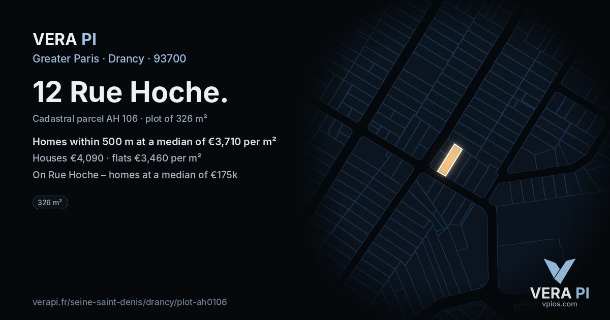 12 Rue Hoche, Drancy at night – the plot lit, the parcels around coloured by the prices near them