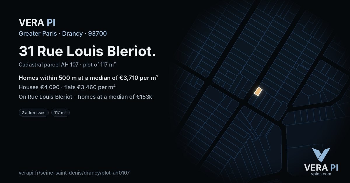 31 Rue Louis Bleriot, Drancy at night – the plot lit, the parcels around coloured by the prices near them