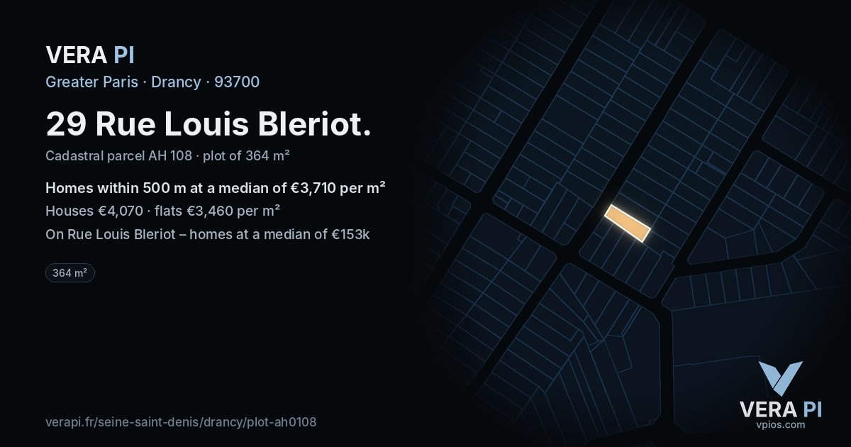 29 Rue Louis Bleriot, Drancy at night – the plot lit, the parcels around coloured by the prices near them