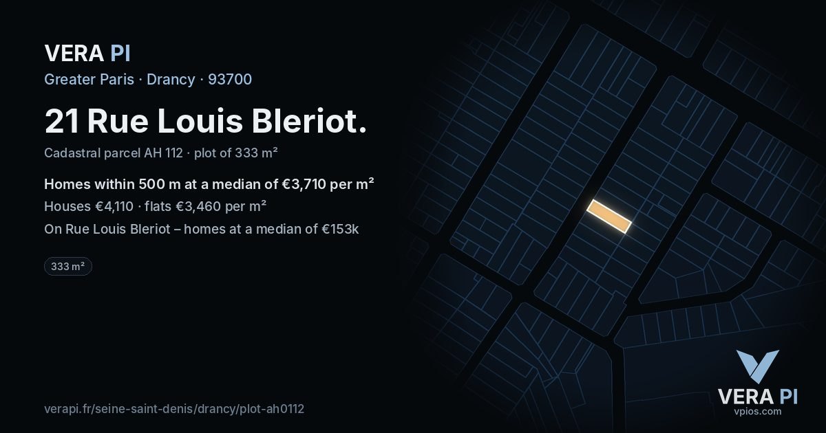 21 Rue Louis Bleriot, Drancy at night – the plot lit, the parcels around coloured by the prices near them