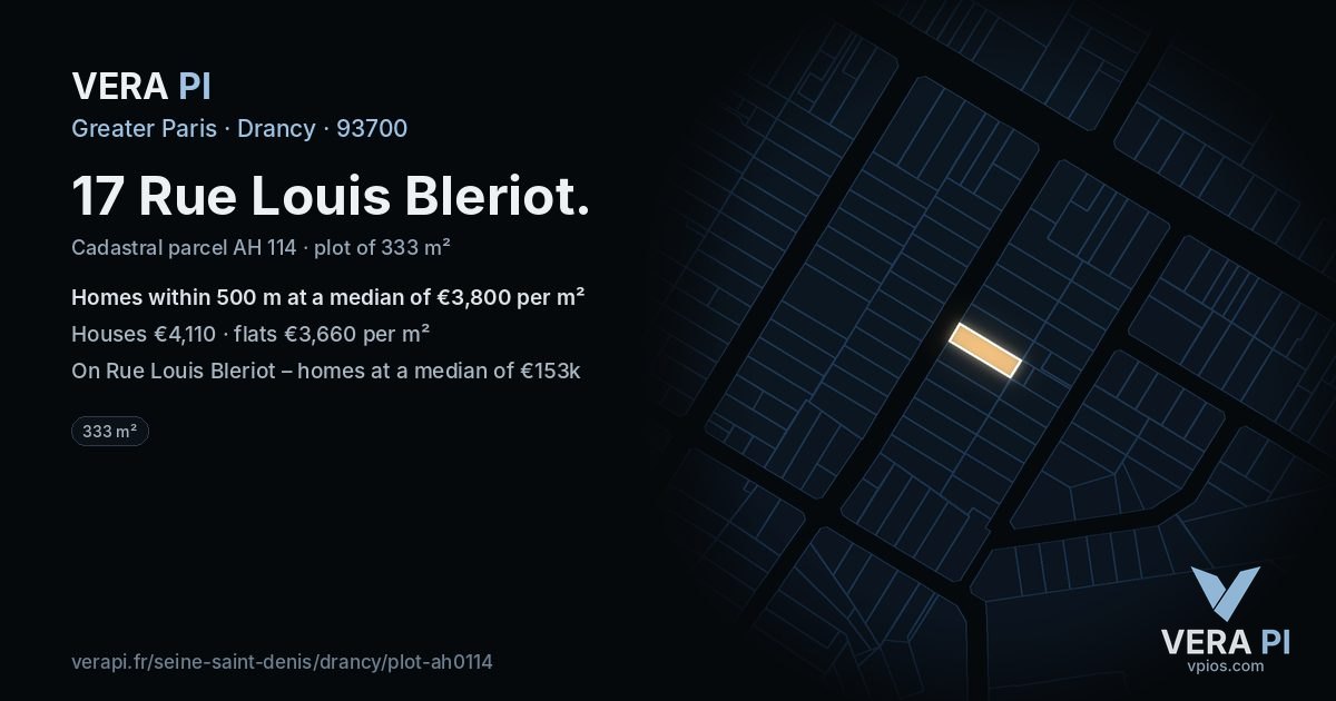 17 Rue Louis Bleriot, Drancy at night – the plot lit, the parcels around coloured by the prices near them