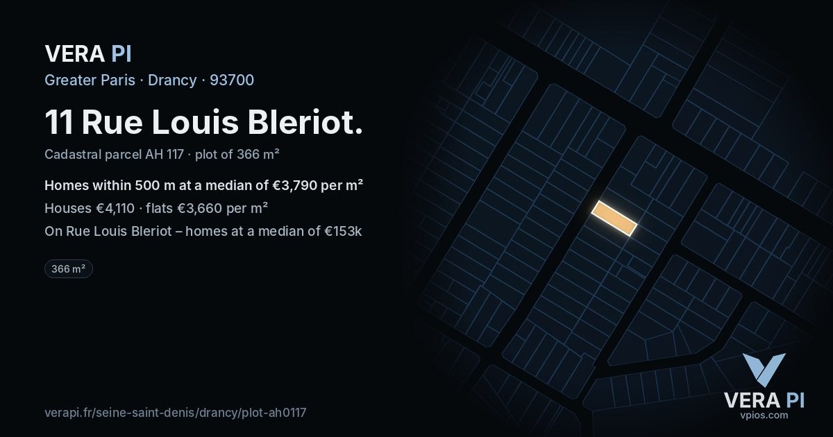 11 Rue Louis Bleriot, Drancy at night – the plot lit, the parcels around coloured by the prices near them