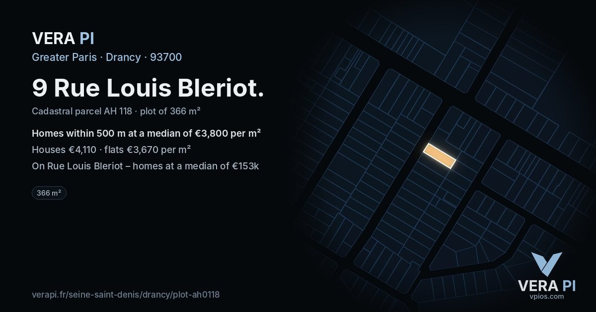 9 Rue Louis Bleriot, Drancy at night – the plot lit, the parcels around coloured by the prices near them