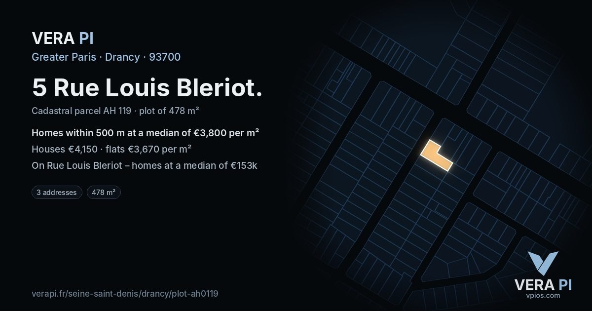 5 Rue Louis Bleriot, Drancy at night – the plot lit, the parcels around coloured by the prices near them