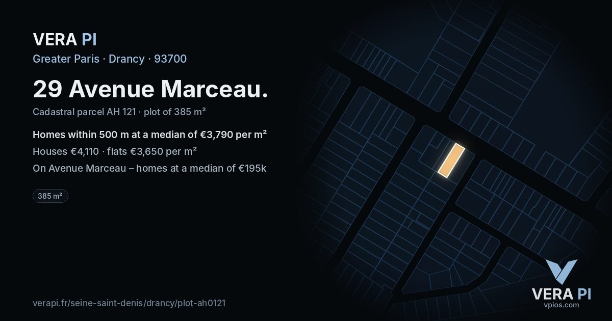 29 Avenue Marceau, Drancy at night – the plot lit, the parcels around coloured by the prices near them