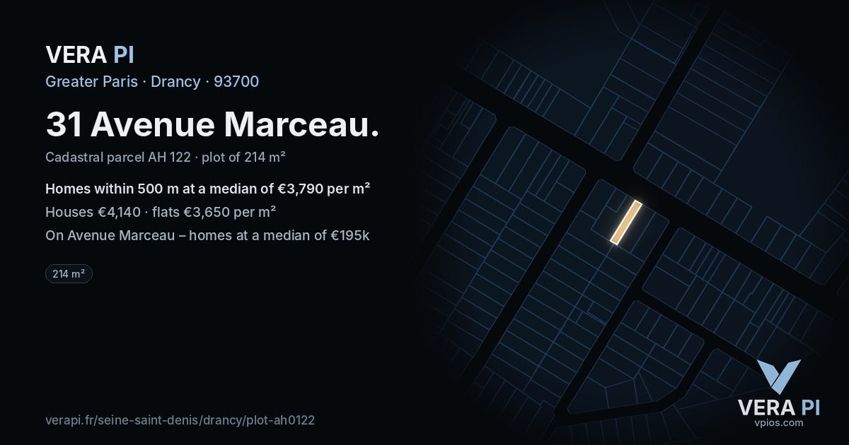 31 Avenue Marceau, Drancy at night – the plot lit, the parcels around coloured by the prices near them