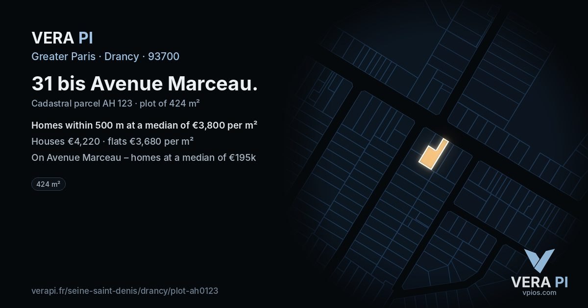 31 bis Avenue Marceau, Drancy at night – the plot lit, the parcels around coloured by the prices near them