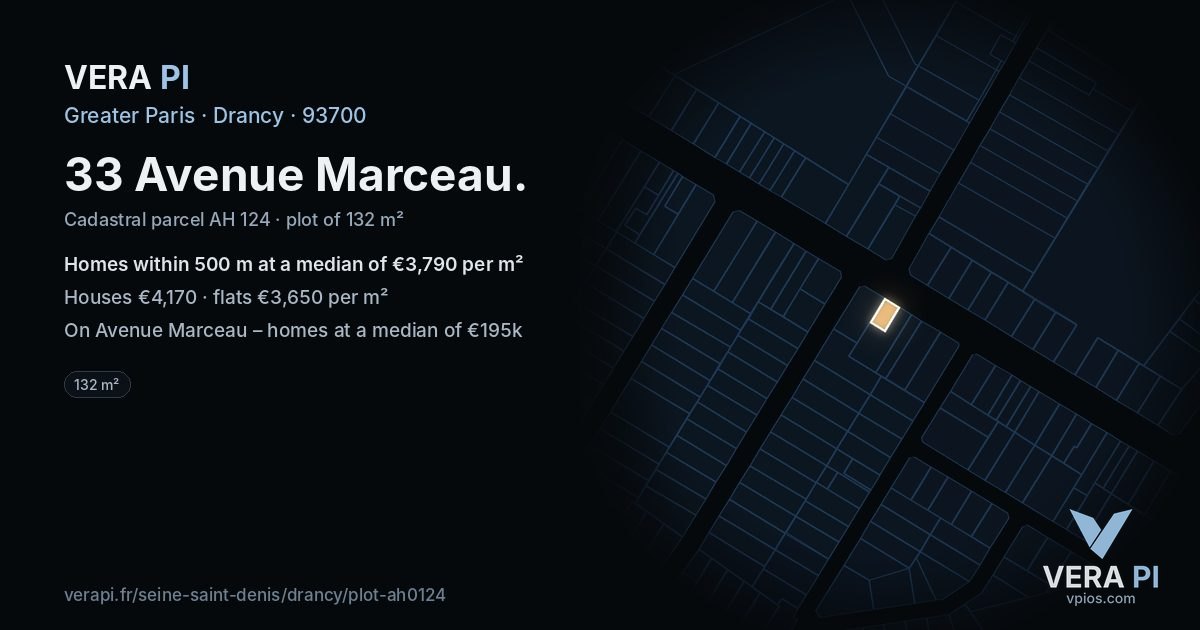 33 Avenue Marceau, Drancy at night – the plot lit, the parcels around coloured by the prices near them