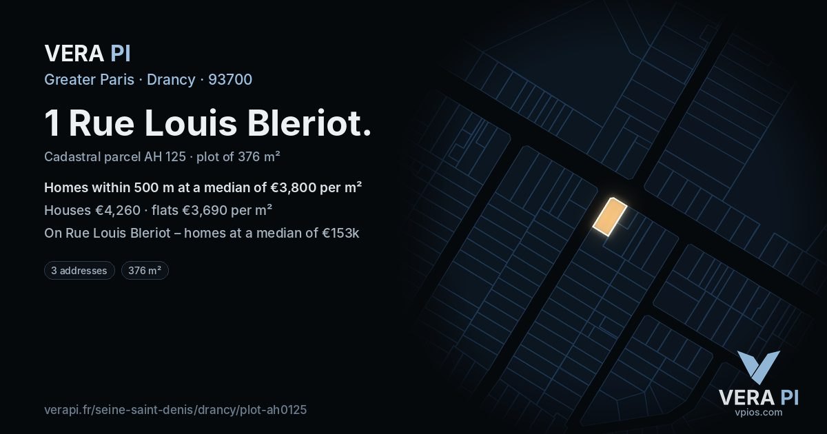 1 Rue Louis Bleriot, Drancy at night – the plot lit, the parcels around coloured by the prices near them