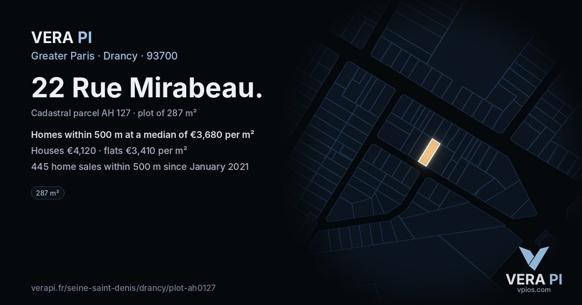 22 Rue Mirabeau, Drancy at night – the plot lit, the parcels around coloured by the prices near them