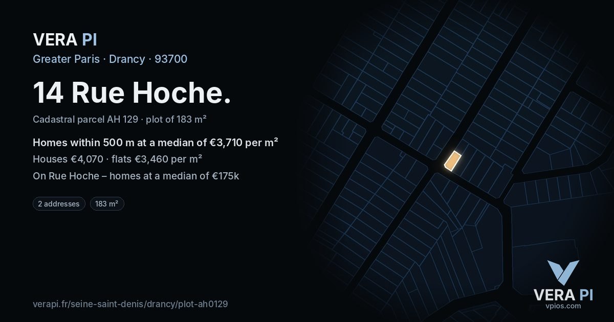 14 Rue Hoche, Drancy at night – the plot lit, the parcels around coloured by the prices near them