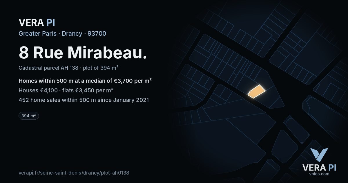 8 Rue Mirabeau, Drancy at night – the plot lit, the parcels around coloured by the prices near them