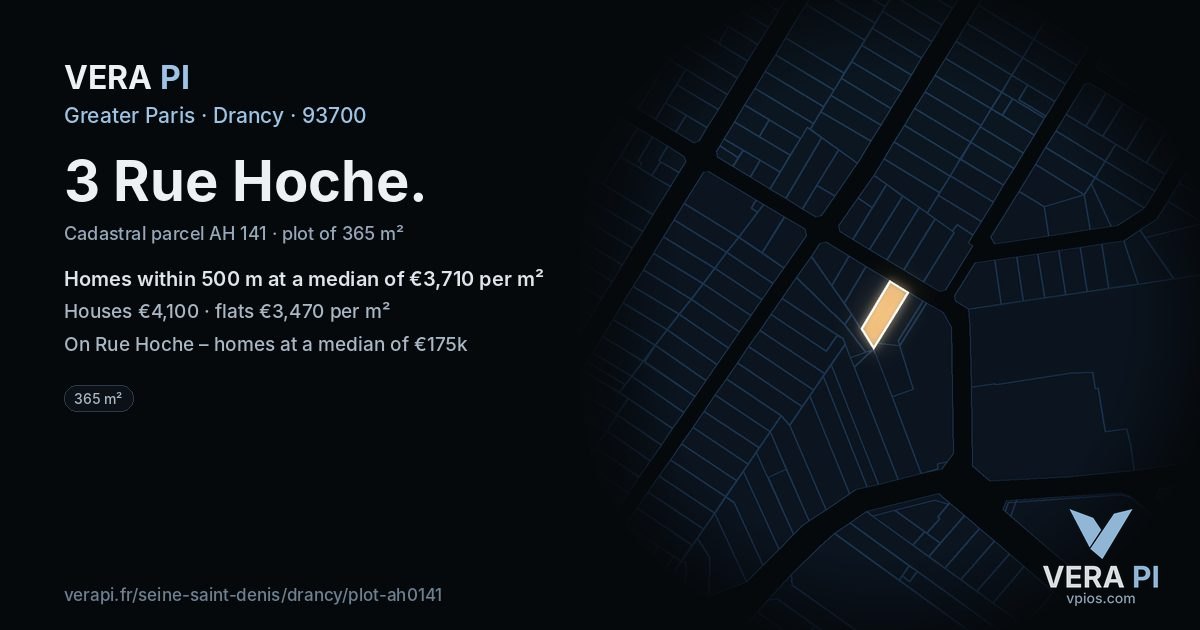 3 Rue Hoche, Drancy at night – the plot lit, the parcels around coloured by the prices near them