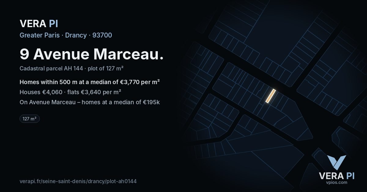 9 Avenue Marceau, Drancy at night – the plot lit, the parcels around coloured by the prices near them