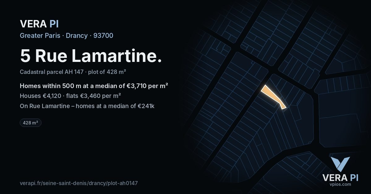 5 Rue Lamartine, Drancy at night – the plot lit, the parcels around coloured by the prices near them