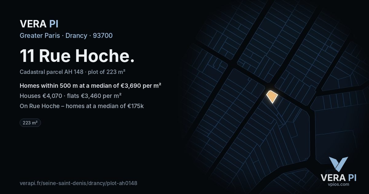 11 Rue Hoche, Drancy at night – the plot lit, the parcels around coloured by the prices near them