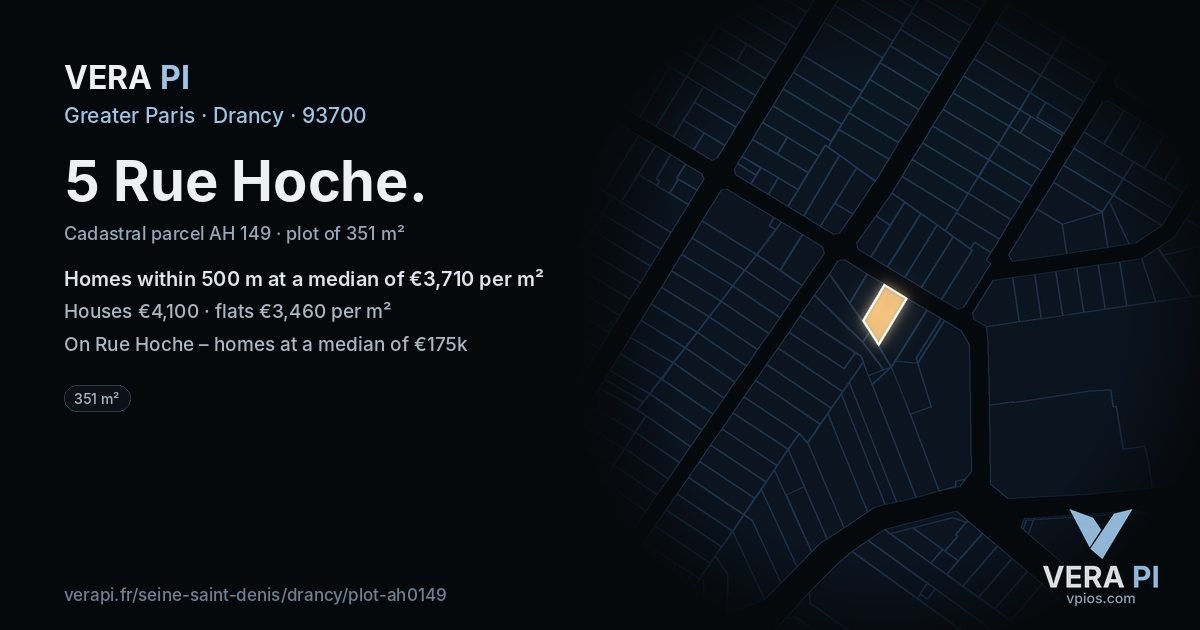 5 Rue Hoche, Drancy at night – the plot lit, the parcels around coloured by the prices near them