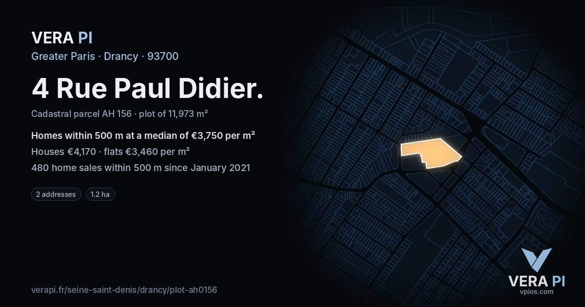 4 Rue Paul Didier, Drancy at night – the plot lit, the parcels around coloured by the prices near them