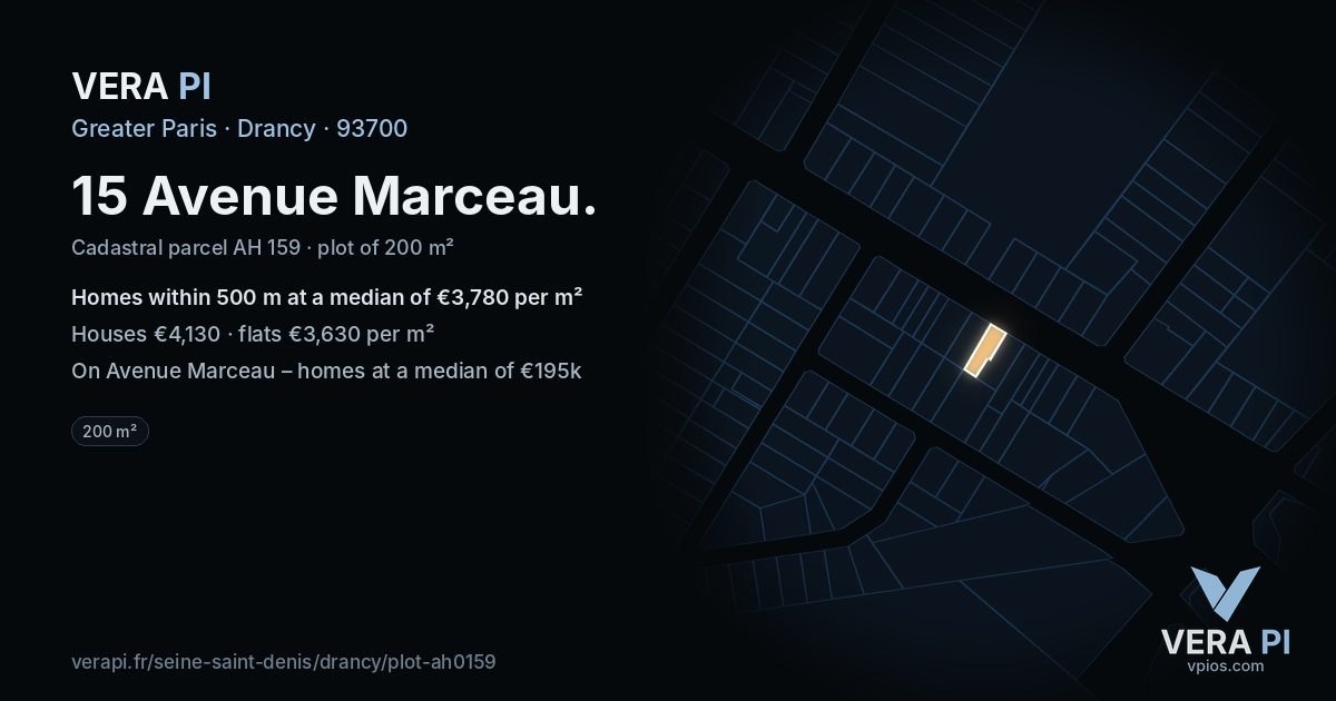15 Avenue Marceau, Drancy at night – the plot lit, the parcels around coloured by the prices near them