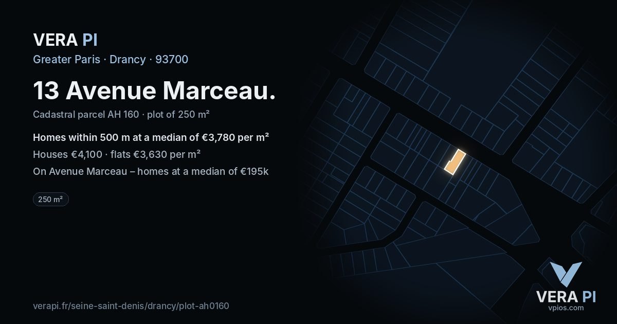 13 Avenue Marceau, Drancy at night – the plot lit, the parcels around coloured by the prices near them