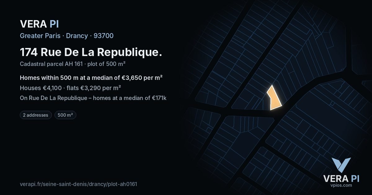 174 Rue De La Republique, Drancy at night – the plot lit, the parcels around coloured by the prices near them